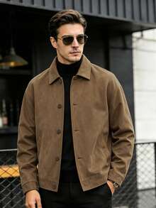 Men's Vintage Minimalist Lapel Jacket, Solid Color Faux Suede Fabric, Drop Shoulder Single-Breasted Short Jacket, Spring/Autumn Casual Commute Everyday Wear - Brown - View 1