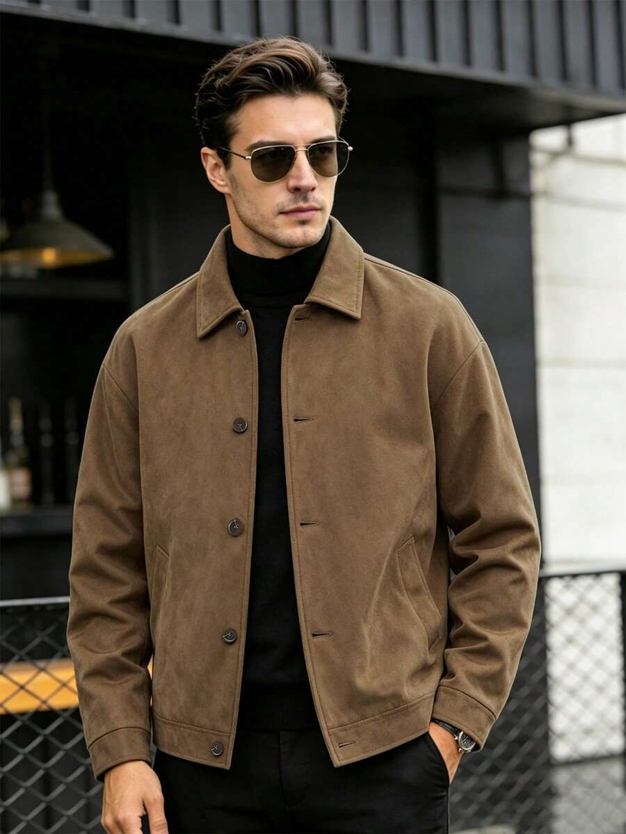 Men's Vintage Minimalist Lapel Jacket, Solid Color Faux Suede Fabric, Drop Shoulder Single-Breasted Short Jacket, Spring/Autumn Casual Commute Everyday Wear - Brown - View 1