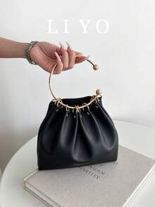 Metal Ring Handle Pleated Bucket Bag Elegant Evening Clutch Purse - Black - View 2