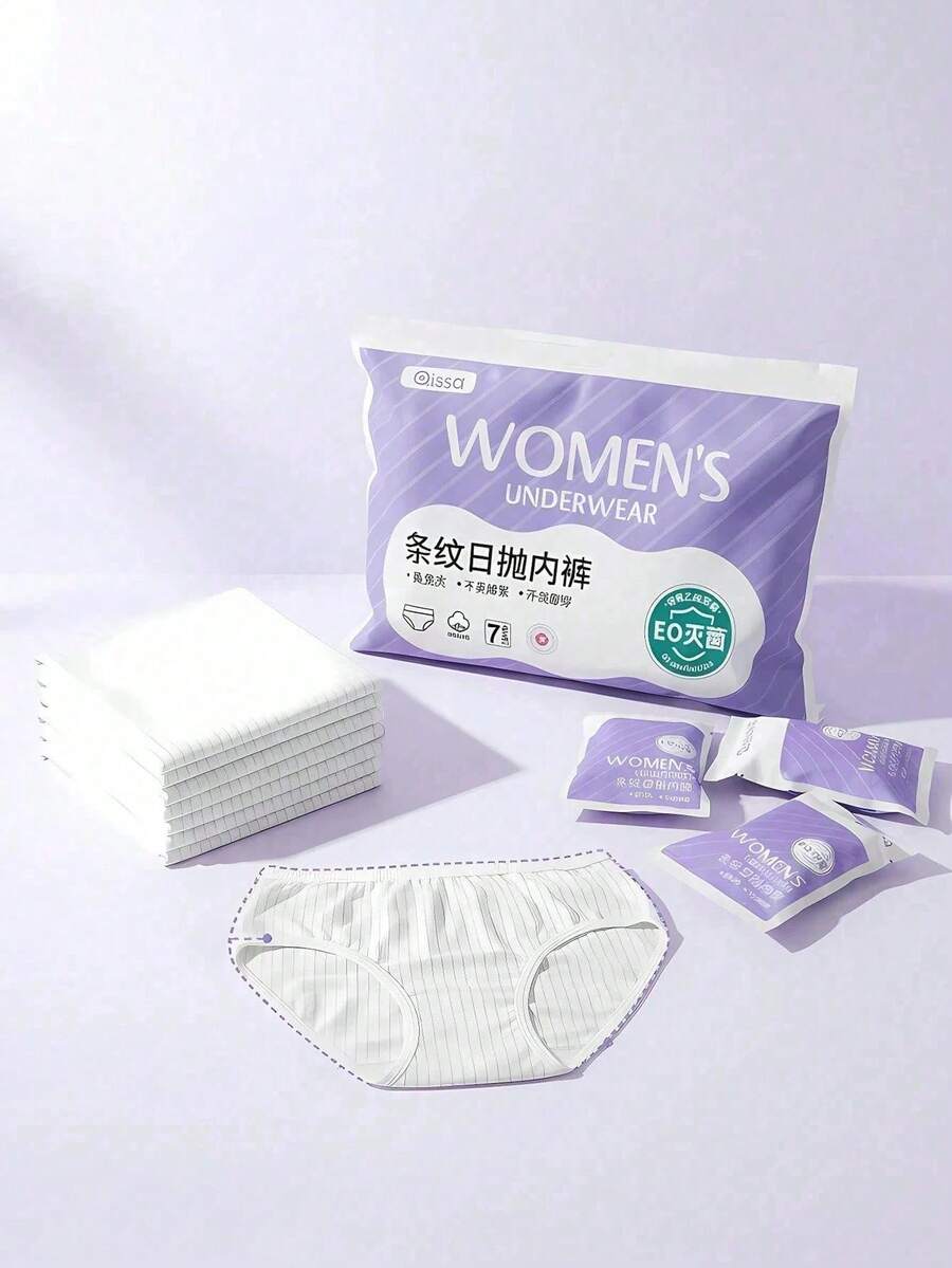 1/7 Pcs/Set Women's Striped Breathable Disposable Underwear, Individually Packaged, Suitable For Travel And Pregnant Women - White - View 1