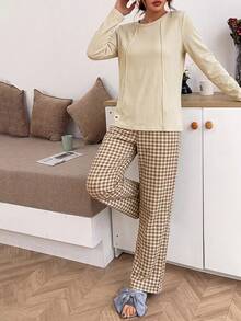 Minimalist Round Neck Solid Color Long Sleeve Top + Brown Plaid Wide Leg Pants 2 Pieces Set, Soft Skin-Friendly Women's Loungewear Pajama Set - Multicolor - View 2