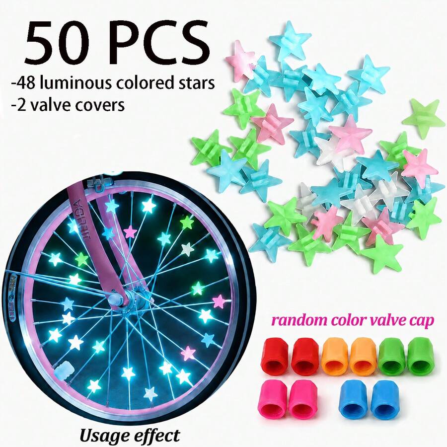 50pcs Random Color Glowing Spoke Beads & Valve Caps, Glowing Star Wheel Hub Clips, Suitable For Night Riding, Wheel Decoration, Perfect Holiday Gift For Cycling Enthusiasts - Multicolor - View 1