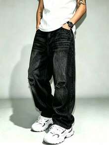 Loose Wide Leg Jeans, Grunge Distressed High Street Style Rock Band Outfit Denim Pants - Black - View 3