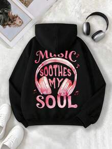 Teen Girls Casual Fashion Sweet Style Music Headphone Letter Print Hooded Sweatshirt, Suitable For Spring, Autumn And Winter - Black - View 1