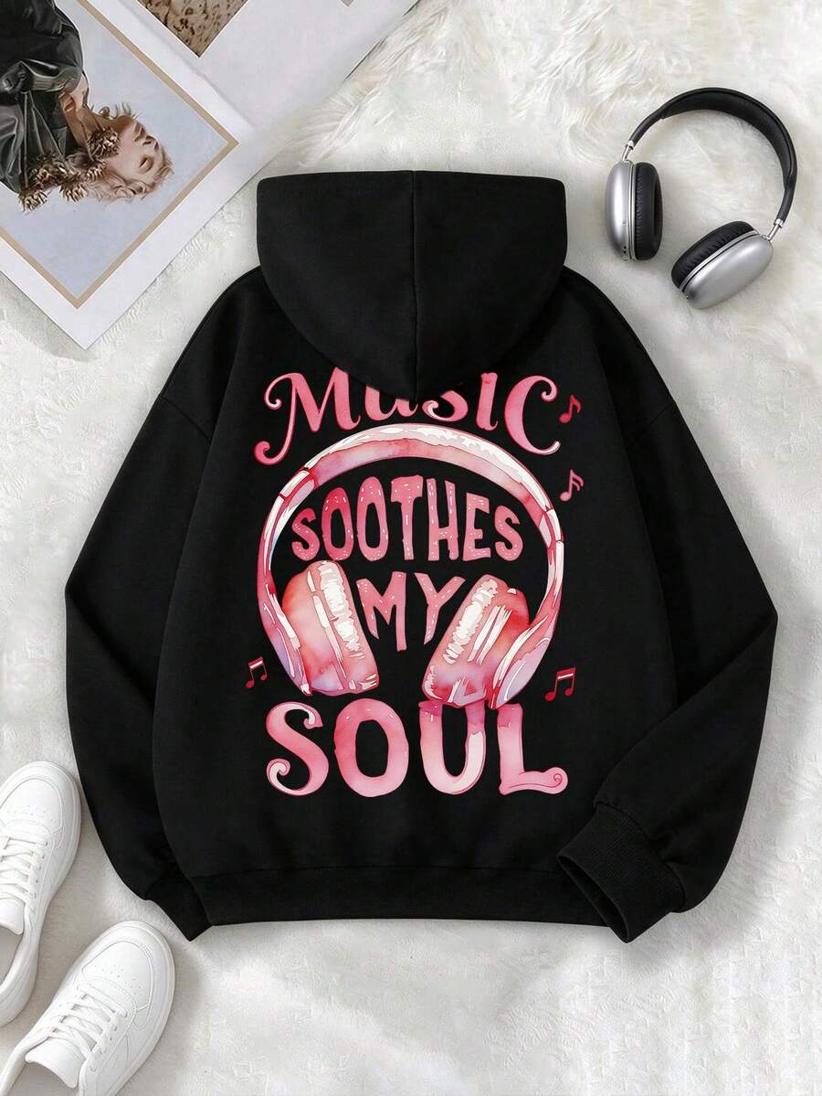 Teen Girls Casual Fashion Sweet Style Music Headphone Letter Print Hooded Sweatshirt, Suitable For Spring, Autumn And Winter - Black - View 1