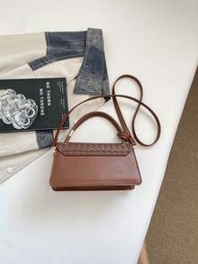 Women's Woven Texture Small Handbag, Vintage Knotted Top Handle Shoulder Bag, Flap Lock Crossbody Bag - Coffee - View 4