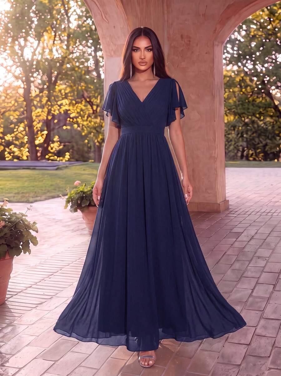 EVERPRETTY Solid Color Long Chiffon Bridesmaid Dress, Deep V-Neck Waist Design, Elegant And Graceful, Suitable For Wedding Guests, Spring Semi-Formal Dress Fall - Navy Blue - View 1
