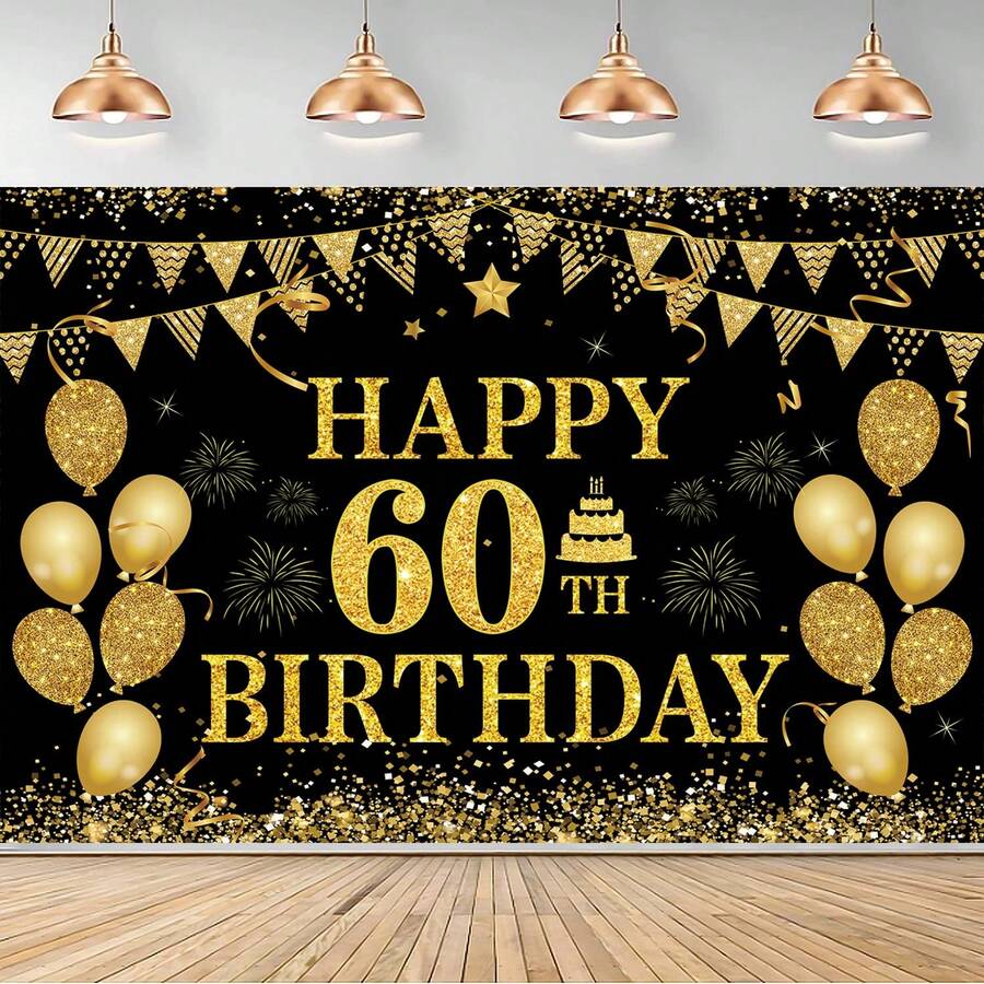 1套黑色金配色60歲生日背景布,金色亮片氣球紙屑DIY繩串旗幟,含煙火蛋糕裝飾旗,適用60歲生日派對與家庭聚會佈置 - 彩色 - 查看 1
