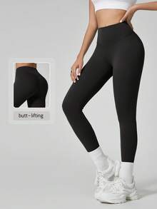 NcmRyu Women's 1pc Solid Color High Waist Minimalist Butt-Flattering Tummy Control Running Workout Leggings, Autumn/Winter - Black - View 11