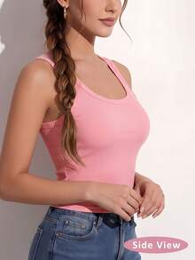 Soft Elastic Ribbed Fitted Tank Top With Fixed Chest Pads, U-Neck, Wide Straps, Daily Layering Innerwear For Women - Pink - View 4