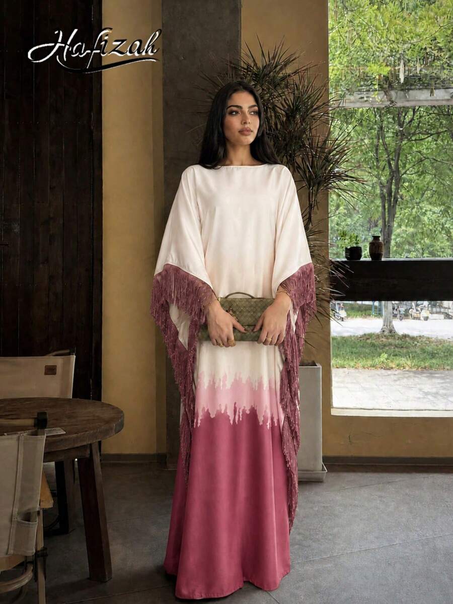 Hafizah Women's Silk-Like Gradient Color Dress, White To Pink-Purple Gradient Long Robe With Tassel Trim, Suitable For Elegant Occasions, Red Autumn Style