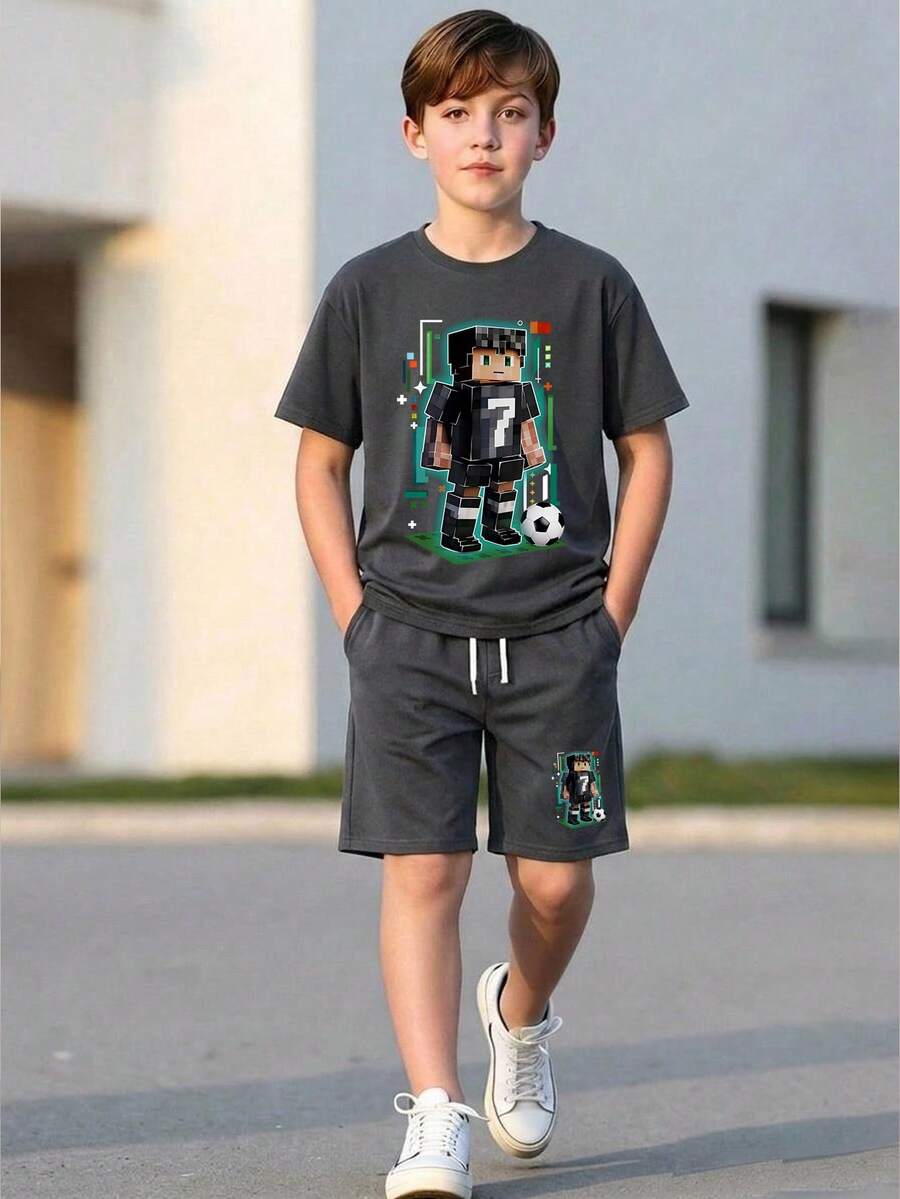 Tween Boy Cartoon Graphic Print Crew Neck Short Sleeve T-Shirt And Shorts Set - Dark Grey - View 1