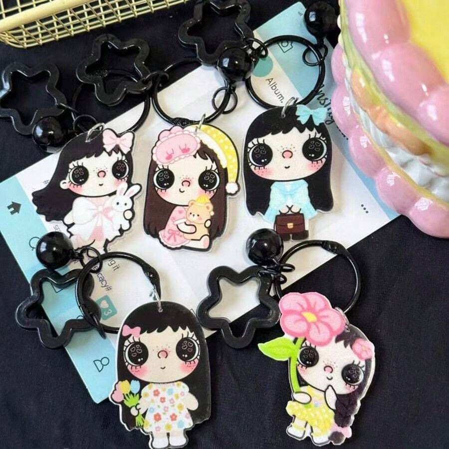 سلسلة مفاتيح أكريليك بتصميم فتاة كرتونية Little Yuyu مع إبزيم نجمة وجرس معلق، تعليقة حقيبة ظهر لطيفة، هدية إبداعية لأفضل الأصدقاء - متعدد الألوان - مشاهدة 1