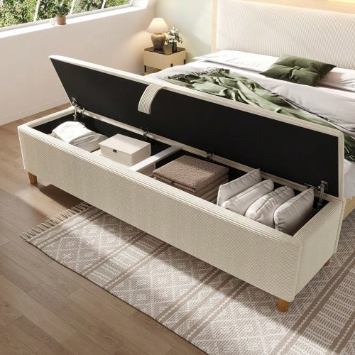 Storage Bed Bench, 175 X 38 Cm, Upholstered Bench With Hydraulic Storage, Storage Box, Suitable For Bedroom, Living Room And Hallway, Beige Corduroy Look. - Beige - View 1