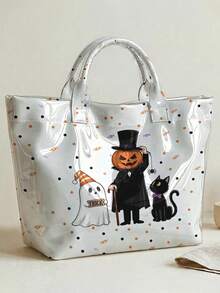 1pc, Halloween Magic Kitten Polka Dot Print Glossy PVC Tote Bag, Large Capacity, Top Handle, For Beach,Office Shopping Daily Use - Multicolor - View 11