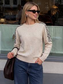 Fashionable Women's Leopard Print Knit Sweater, Regular Length, Autumn/Winter Essential - Apricot - View 1