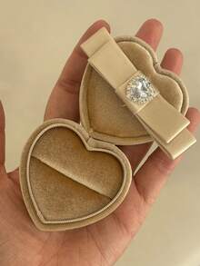Satin Heart-Shaped Ring Box Travel Jewelry Storage Box, Cute Velvet Earring Necklace Box, Crystal Bow Detail Ring Box, Proposal Ring Box Protective Jewelry Storage Box, Suitable For Rings And Bracelets, Birthday Gift For Girls And Women, Proposal Ring Box - Multicolor - View 8