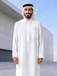 ثوب رجالي إسلامي طويل بياقة قميص وأكمام طويلة، رداء عربي نصف مفتوح من الأمام بأزرار وجيوب، ملابس إسلامية رجالية مع طقم بطانية رأس سعودي، زي صلاة العيد للشرق الأوسط - أبيض - مشاهدة 6