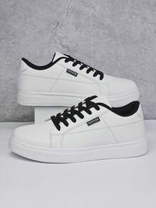 Men's Personalized White Splicing Letter Solid Color Casual Sports Shoes, Minimalist Versatile Flat Outdoor Sneakers For Work And Students - White - View 11
