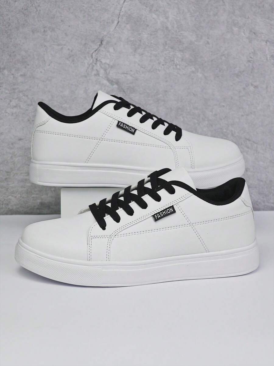 Men's Personalized White Splicing Letter Solid Color Casual Sports Shoes, Minimalist Versatile Flat Outdoor Sneakers For Work And Students