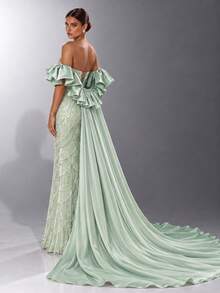 VIPGIRL Sage Green Evening Dress Off Shoulder Ruffle Sleeve Sequin Beaded Corset Backless Detachable Train Mermaid Floor Length Prom Gala Maxi Dress - Mint Green - View 2
