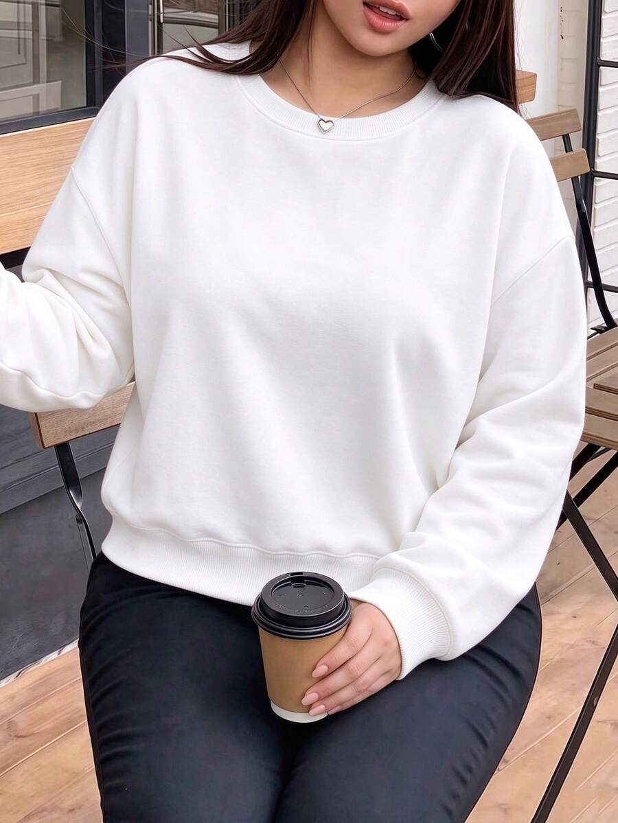 SUPEKYKO Plus Size Women's Solid Color Crew Neck Sweatshirt, Loose Casual Long Sleeve Pullover, Suitable For Hiking, Outdoor And Daily Wear - White - View 1