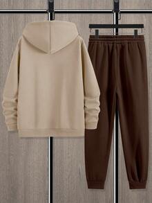 Youth Boy Letter Print Warm Hoodie And Pants Set - Apricot - View 2