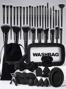 30/33/53Pcs All-In-One MakeupTool Set,30Pcs Professional Makeup Brushes With Velvet Storage Pouch&Wash Bag,Includes Makeup Sponges, Powder Puffs, Bow Hair Bands, Eyelash Curler,Brush Cleaning Bowl,Synthetic Bristles Cosmetic Kit For Face & Eye Makeup - Black - View 13