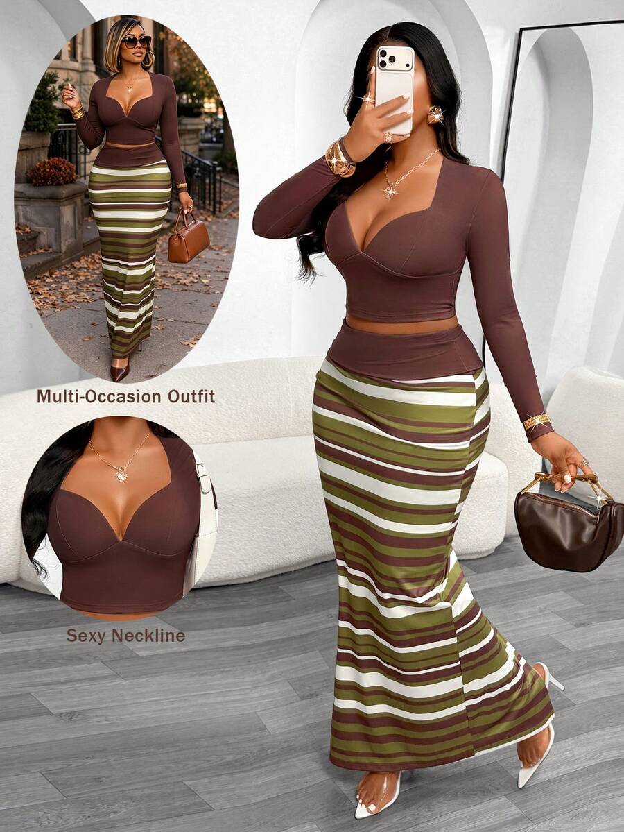 Aliling Autumn/Winter Casual Fashion Solid Color Long Sleeve Sweetheart Collar Crop Top + Contrast Striped Print Split Hem Long Skirt 2 Pieces Set, High Elastic Knit Fabric, Suitable For Home, Outings, Gatherings - Green-brown - View 1