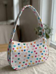 1pc Love Print Corduroy Shoulder Bag, Underarm Bag, Large Capacity Storage, Zip Closure Y2K Baguette Handbag For Daily Travel Gift - Pink - View 8