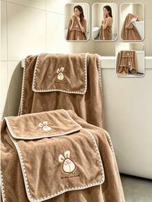 1pc Thickened Coral Fleece Towel Bath Towel 34*75cm 70*140cm Absorbent Quick Drying No Shedding Exquisite Embroidery Suitable For Bathroom Face Washing Bathing Outdoor Travel Multiple Occasions - Brown - View 2