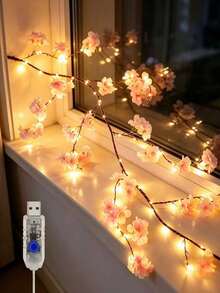 USB Powered 100 LED Artificial Cherry Blossom Light Strip, Willow Vine Lights, Cherry Blossom Vine Lights, Suitable For Wall, Dining Table, Home, Wedding, Birthday, Proposal, Anniversary, All Seasons, Christmas, Thanksgiving, Halloween Decoration - Integrated Cherry Blossom Rattan - View 2