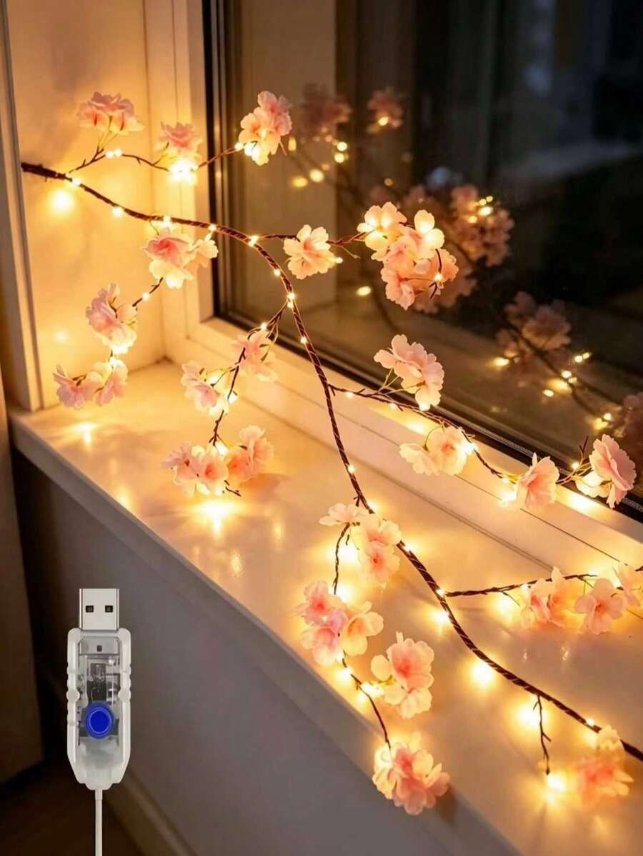 USB Powered 100 LED Artificial Cherry Blossom Light Strip, Willow Vine Lights, Cherry Blossom Vine Lights, Suitable For Wall, Dining Table, Home, Wedding, Birthday, Proposal, Anniversary, All Seasons, Christmas, Thanksgiving, Halloween Decoration