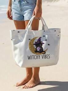 1pc, Halloween Magic Kitten Polka Dot Print Glossy PVC Tote Bag, Large Capacity, Top Handle, For Beach,Office Shopping Daily Use - Multicolor - View 5
