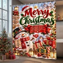 1/4pcs Christmas Theme Shower Curtain Set With Cute Snowman, Christmas Tree And Gift Box Pattern, 12 Hooks, Waterproof Polyester, Bathroom Curtain, Privacy, Thickened, Durable Quick Dry, 180*180cm Size, Christmas Bathroom Decor - A - View 11