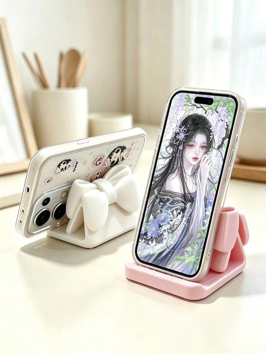 Original 3D Printed Bow Phone Stand, Lightweight Portable Makeup Mirror Stand, Convenient Desktop Phone Holder, Phone Accessories, Phone Mirror Stand, Universal Phone Back Sticker, Transparent Mirror Stand, Slouchy Person Desktop Phone Holder