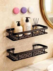 1/2/3pcs [Space-Saving | No Drilling Required] Large Capacity Wall-Mounted Shower Caddy | Drill-Free Installation, Space-Saving, Easy To Install | Bathroom And Kitchen Storage Rack For Toiletries, Cosmetics And Daily Essentials - Black - View 7