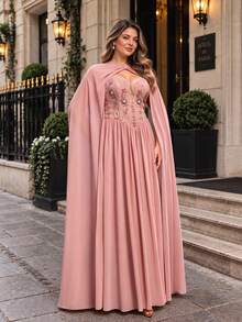 VIPGIRL Plus Size Women's Solid Color Cape And Floral Pattern Pleated Elegant Evening Gown Dress - Pink - View 4