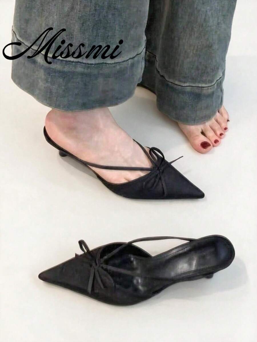 Pointed Toe Bow Slip On Mules Women, Low Vamp Sensible High Heel Design Outdoor Wear Sandals,Elegant,Kitten Heels,Party