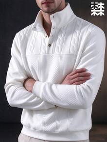 mulinsen Men's Half-Zip Stand Collar Textured Jacquard Patchwork Long Sleeve Sweatshirt, Minimalist Casual Top - White - View 3