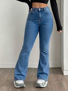 Women's High-Waisted Flared Jeans, High Stretch, Available In Two Colors With Distressed Pocket Details - Medium Wash - View 1