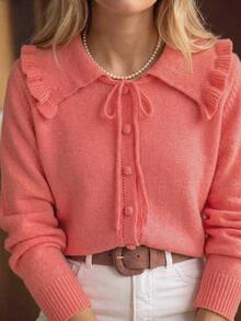 Women's Autumn/Winter Vintage Large Lapel Ruffle Knit Cardigan, Girlish Frill Collar Knit Cardigan Fall - Watermelon Pink - View 6