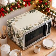 2dflat 1pc Cream White Red Gold Ball Christmas Microwave Dust Cover, White Christmas Flower Pine Branch Pine Cone Gold Snowflake Kitchen Cover Cloth - Multicolor - View 1