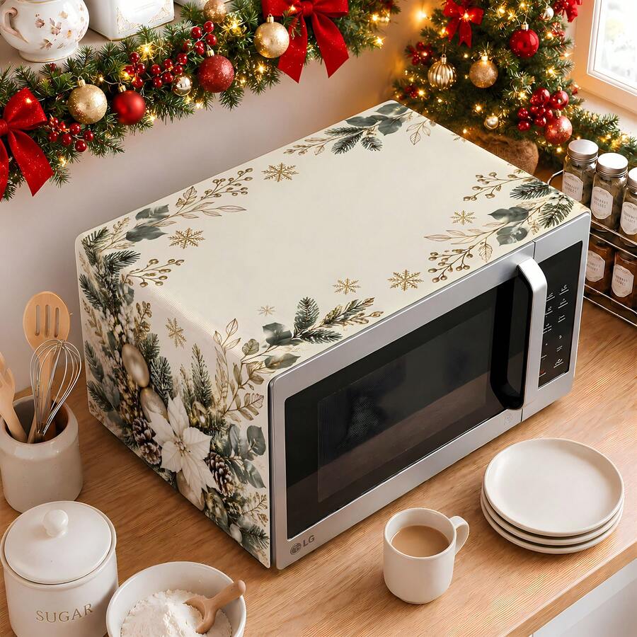 2dflat 1pc Cream White Red Gold Ball Christmas Microwave Dust Cover, White Christmas Flower Pine Branch Pine Cone Gold Snowflake Kitchen Cover Cloth - Multicolor - View 1