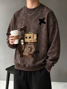 1pc Street Style Vintage Washed Crew Neck Sweatshirt For Big Kids & Teen Boys, Cartoon Cardboard Box Man & Coffee Graphic Print - Brown - View 2