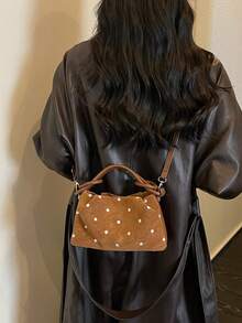Fashion Polka Dot Pattern Pleated Handbag Niche Design Crossbody Bag Popular Exquisite Luxury Commuter Shoulder Bag; Crossbody Bag; PU; Open Design; Very Suitable For Office, School, Student, Back To School, Work Occasions, Business Activities, Commuting, Outdoor Activities, And Outings - Brown - View 4