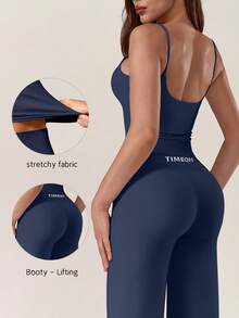 TimeOff Women's One Set Solid Color Spaghetti Strap Removable Padded Tank Top Straight Leg Draped Pants Sports Set - Blue - View 12
