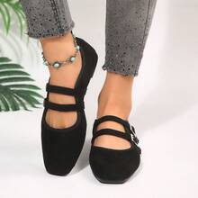 Spring/Autumn New Flat Square Toe Shallow Vamp Suede French Fairy Style Versatile Women's Double Strap Loafers - Black - View 5