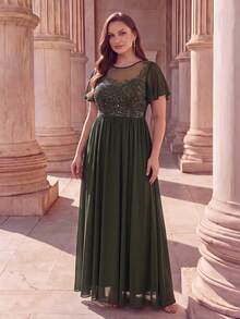 EVERPRETTY Plus Size Elegant Luxury Vintage Heavy Sequin Embroidery Mesh Patchwork Chiffon Mid-Length Olive Green Formal Evening Gown Suitable For Wedding Guest Party Dinner - Olive Green - View 1