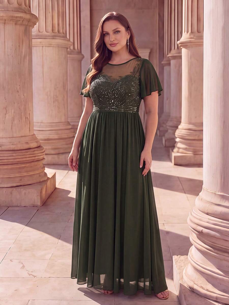EVERPRETTY Plus Size Elegant Luxury Vintage Heavy Sequin Embroidery Mesh Patchwork Chiffon Mid-Length Olive Green Formal Evening Gown Suitable For Wedding Guest Party Dinner - Olive Green - View 1